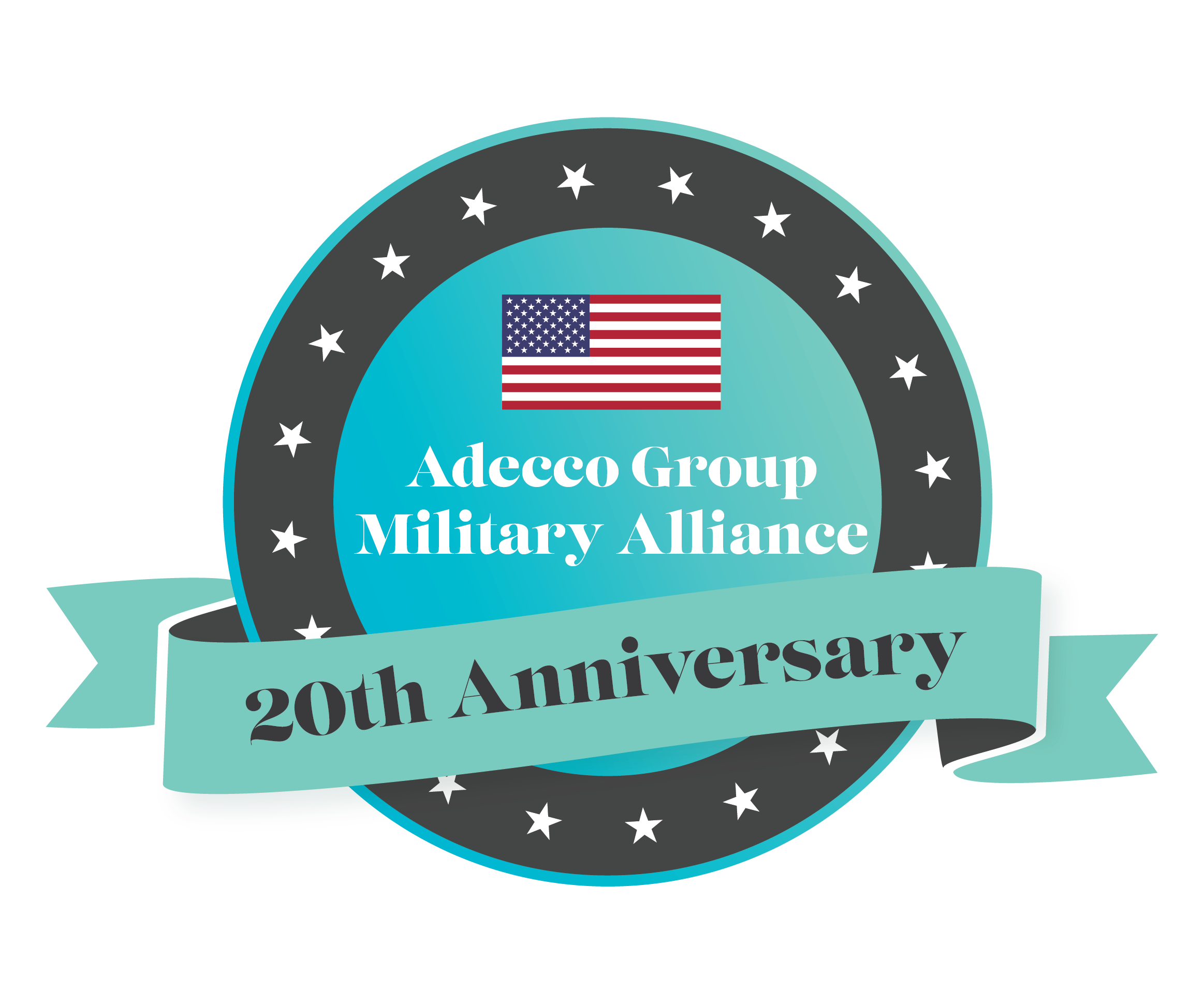A badge that proudly displays the U.S.A. flag, with text underneath that reads 'Adecco Group Military Alliance - 20th Anniversary'